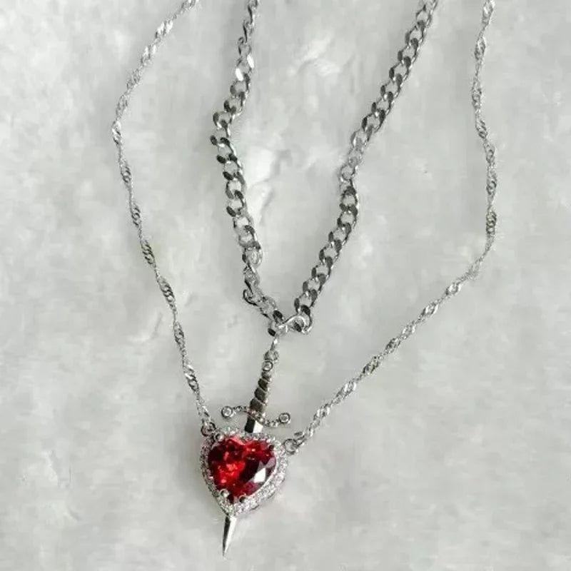 LATS 2pcs Can Be Assembled Heart and Sword Zircon Pendant Necklace for Women Men Couple Silver Gold Plated Choker Chain Jewelry - OLIVIA JEWELRY