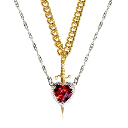 LATS 2pcs Can Be Assembled Heart and Sword Zircon Pendant Necklace for Women Men Couple Silver Gold Plated Choker Chain Jewelry - OLIVIA JEWELRY