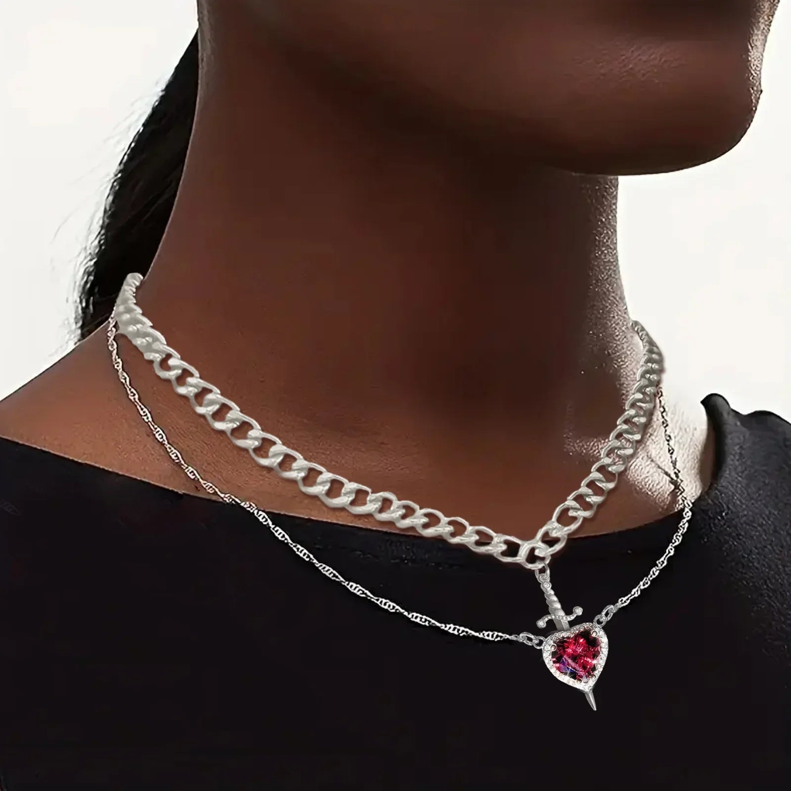 LATS 2pcs Can Be Assembled Heart and Sword Zircon Pendant Necklace for Women Men Couple Silver Gold Plated Choker Chain Jewelry - OLIVIA JEWELRY