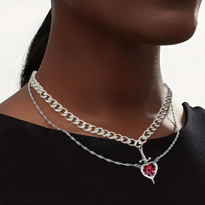 LATS 2pcs Can Be Assembled Heart and Sword Zircon Pendant Necklace for Women Men Couple Silver Gold Plated Choker Chain Jewelry - OLIVIA JEWELRY