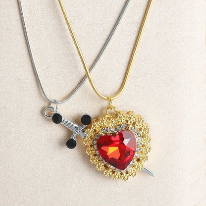 LATS 2pcs Can Be Assembled Heart and Sword Zircon Pendant Necklace for Women Men Couple Silver Gold Plated Choker Chain Jewelry - OLIVIA JEWELRY