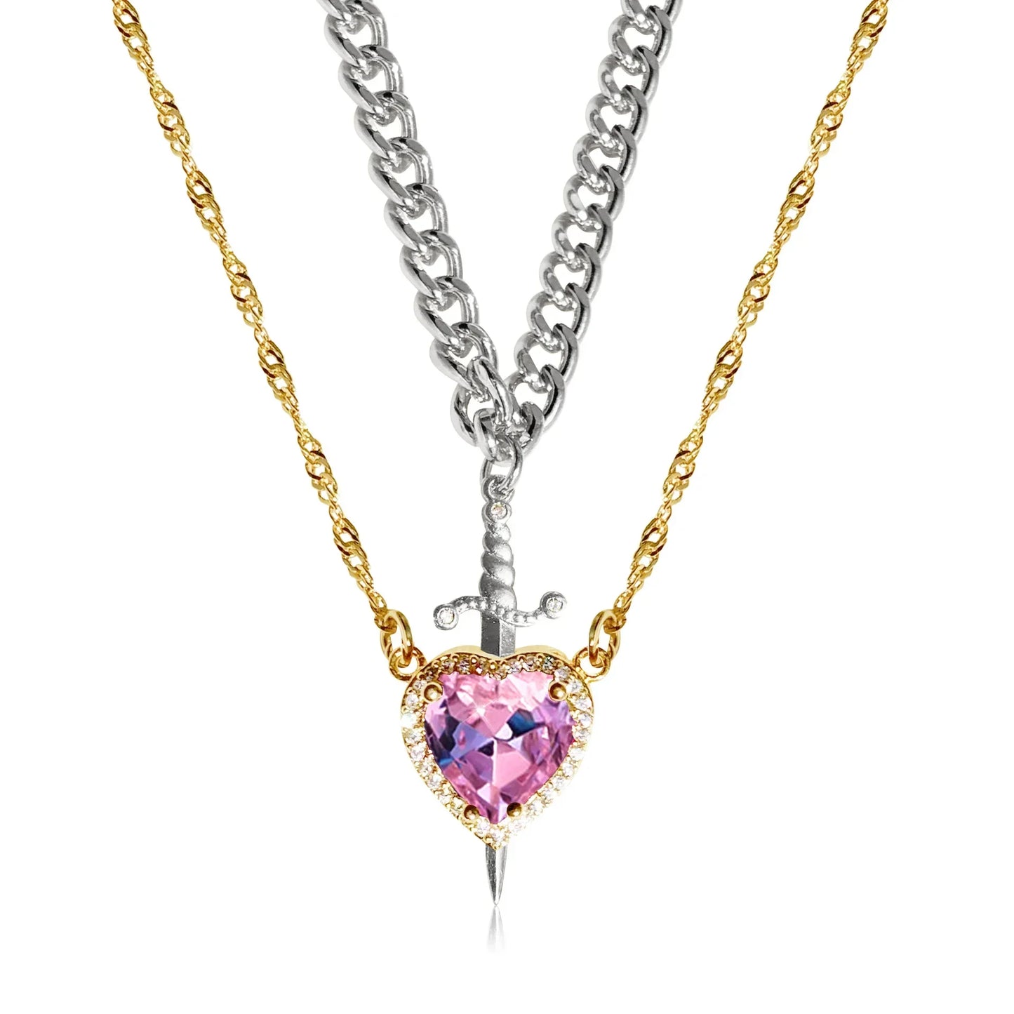 LATS 2pcs Can Be Assembled Heart and Sword Zircon Pendant Necklace for Women Men Couple Silver Gold Plated Choker Chain Jewelry - OLIVIA JEWELRY