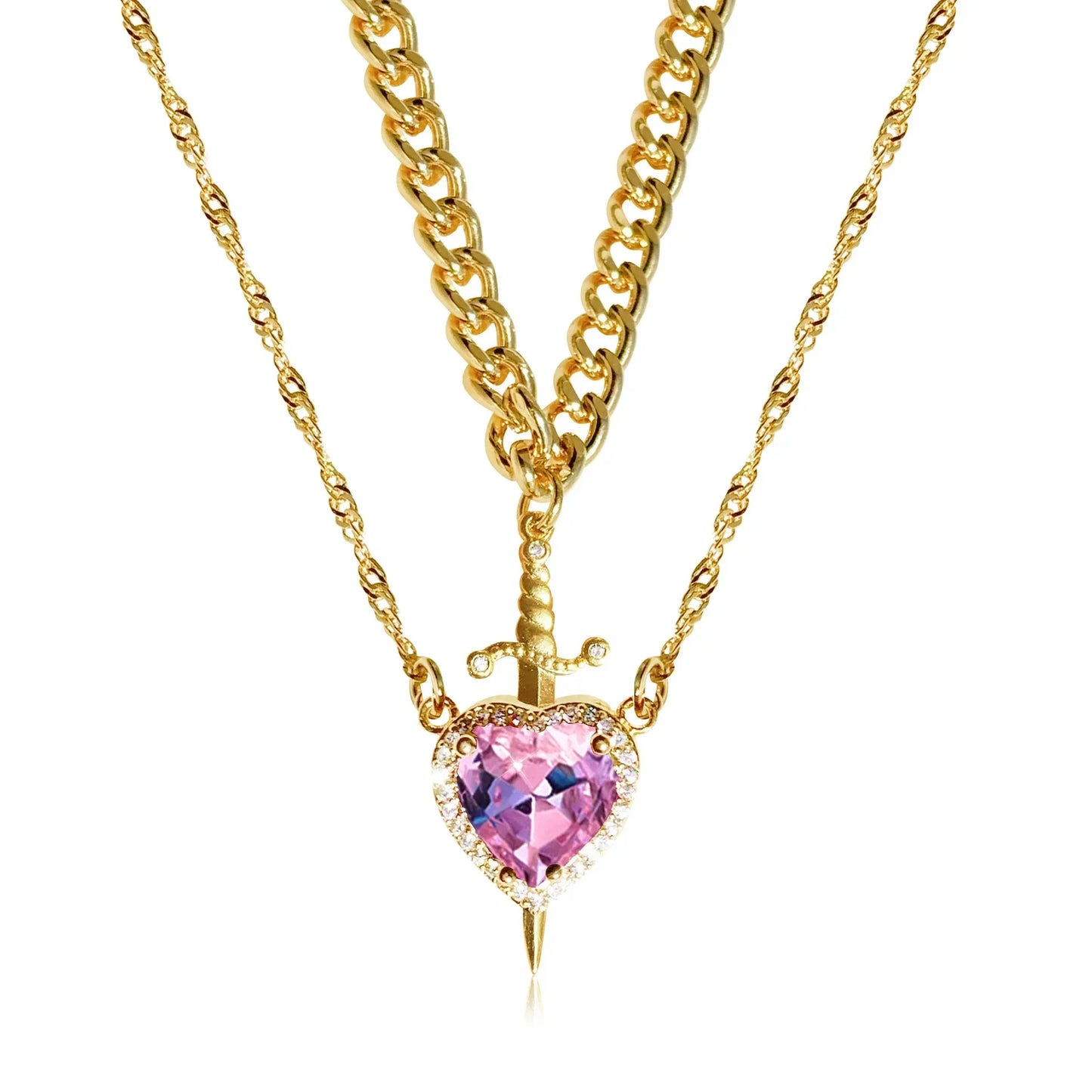 LATS 2pcs Can Be Assembled Heart and Sword Zircon Pendant Necklace for Women Men Couple Silver Gold Plated Choker Chain Jewelry - OLIVIA JEWELRY