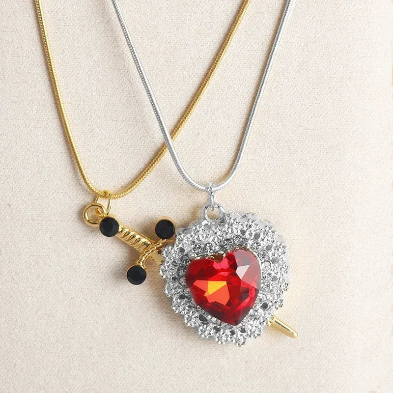 LATS 2pcs Can Be Assembled Heart and Sword Zircon Pendant Necklace for Women Men Couple Silver Gold Plated Choker Chain Jewelry - OLIVIA JEWELRY