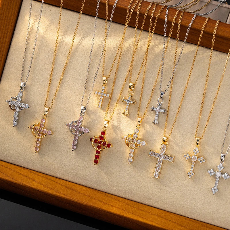 Crown Cross Women Necklace Zircon