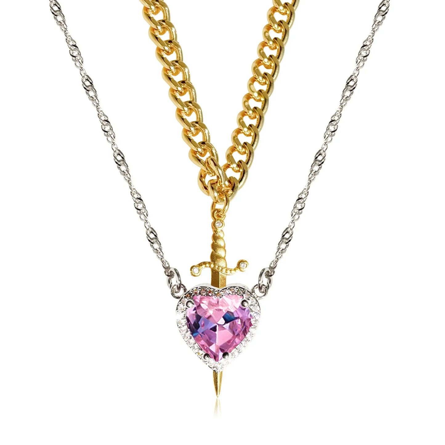 LATS 2pcs Can Be Assembled Heart and Sword Zircon Pendant Necklace for Women Men Couple Silver Gold Plated Choker Chain Jewelry - OLIVIA JEWELRY