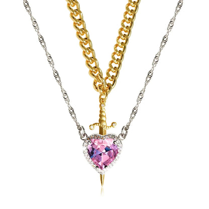 LATS 2pcs Can Be Assembled Heart and Sword Zircon Pendant Necklace for Women Men Couple Silver Gold Plated Choker Chain Jewelry - OLIVIA JEWELRY