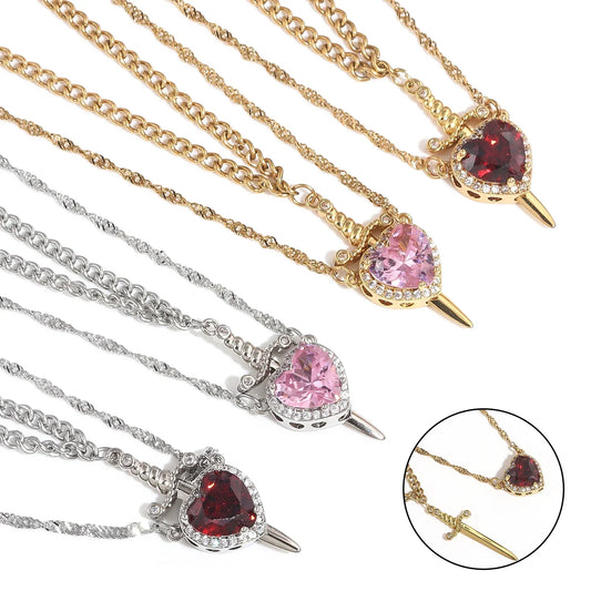 LATS 2pcs Can Be Assembled Heart and Sword Zircon Pendant Necklace for Women Men Couple Silver Gold Plated Choker Chain Jewelry - OLIVIA JEWELRY