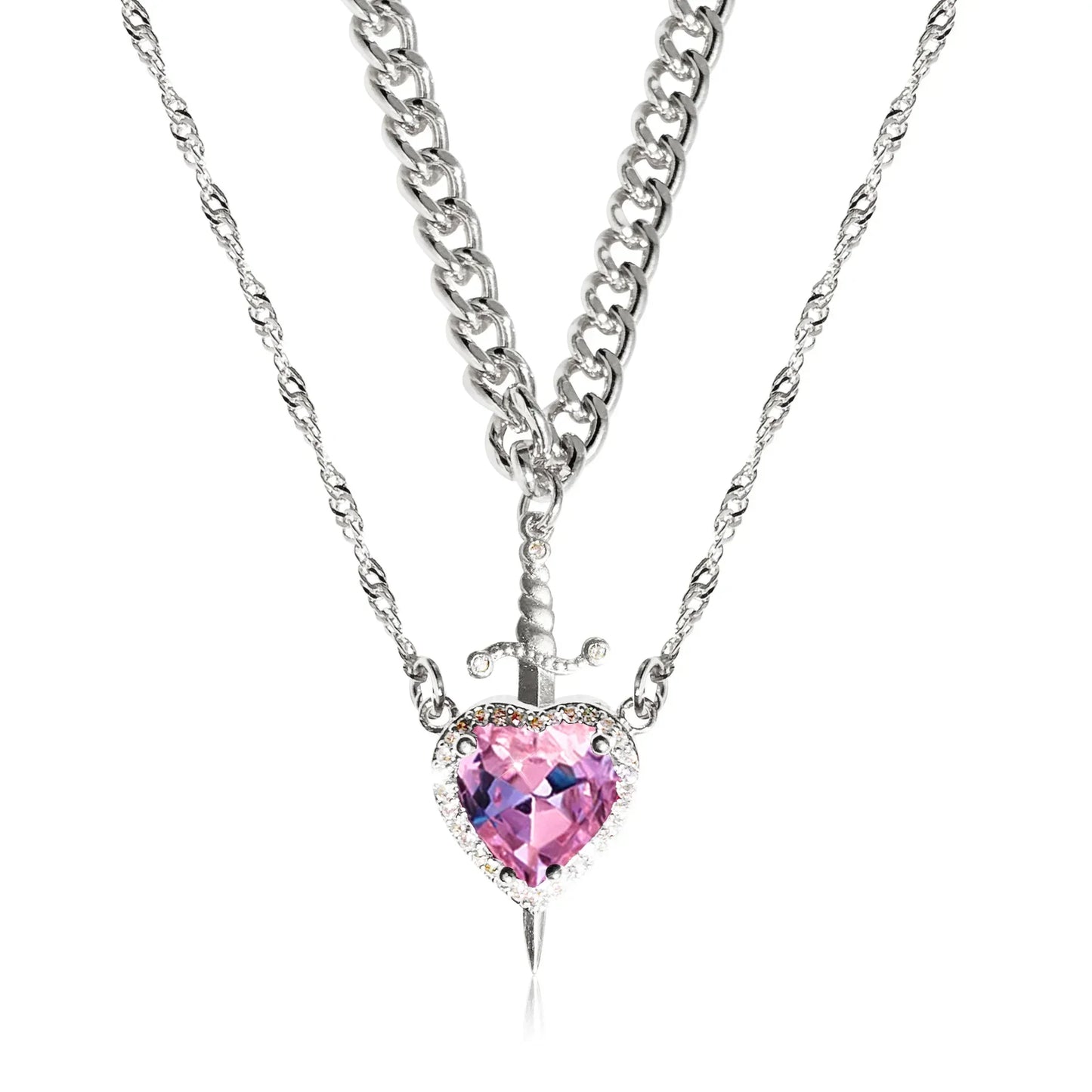 LATS 2pcs Can Be Assembled Heart and Sword Zircon Pendant Necklace for Women Men Couple Silver Gold Plated Choker Chain Jewelry - OLIVIA JEWELRY