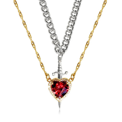 LATS 2pcs Can Be Assembled Heart and Sword Zircon Pendant Necklace for Women Men Couple Silver Gold Plated Choker Chain Jewelry - OLIVIA JEWELRY