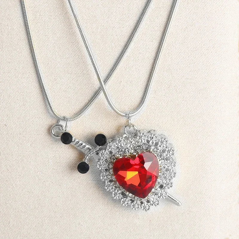 LATS 2pcs Can Be Assembled Heart and Sword Zircon Pendant Necklace for Women Men Couple Silver Gold Plated Choker Chain Jewelry - OLIVIA JEWELRY
